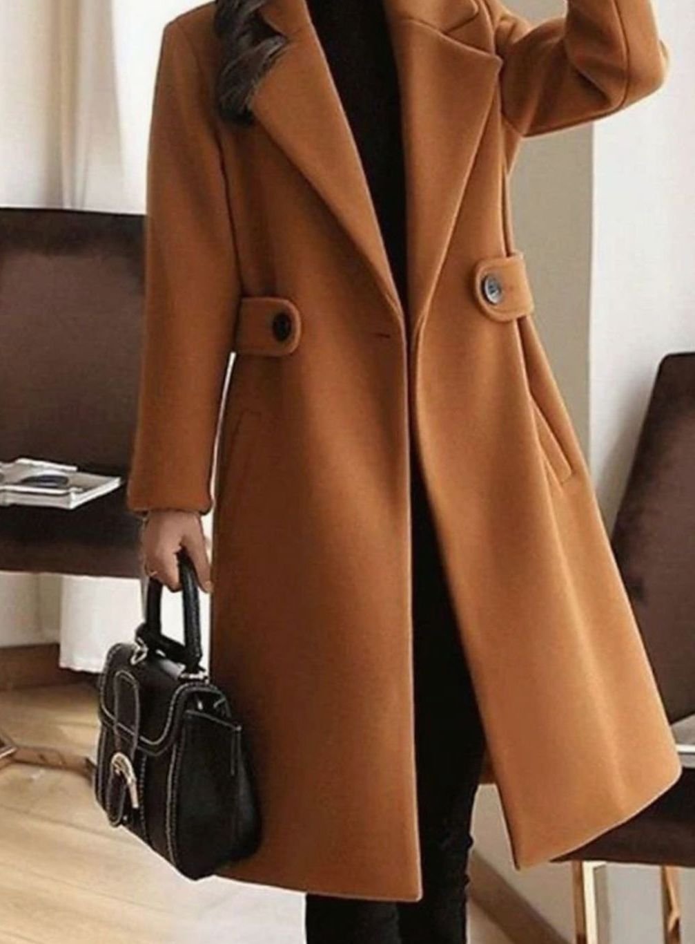 Women's Tailored Belted Wool Coat Long Elegant Outerwear - Brown