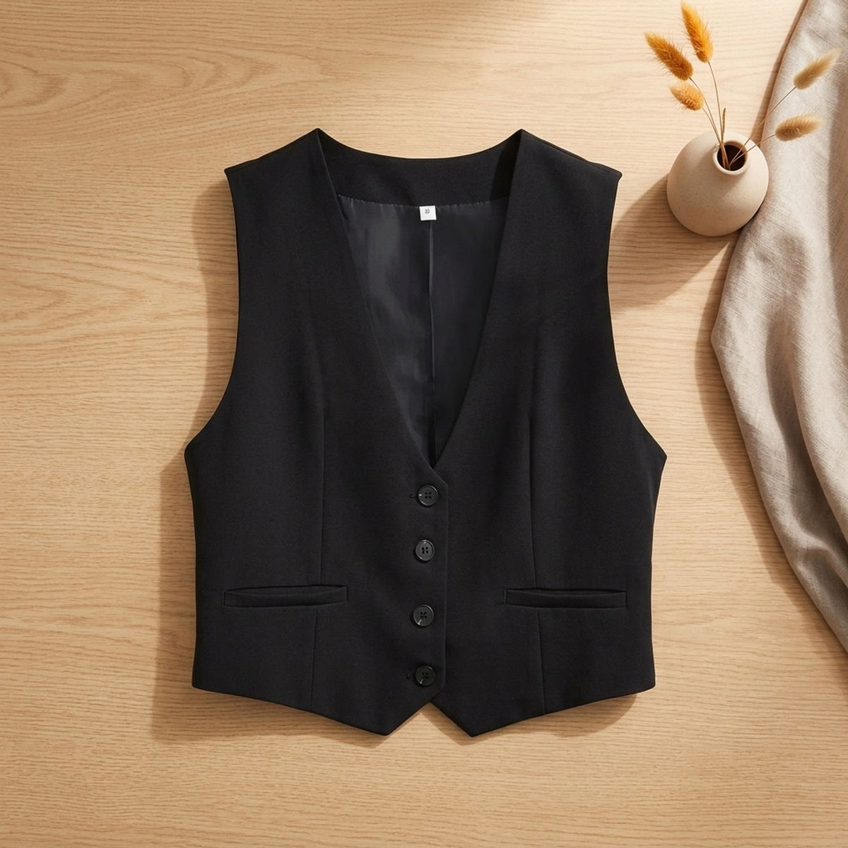Women's Tailored Button-Front Sleeveless Waistcoat Vest - Black