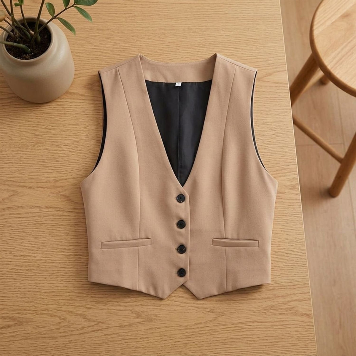 Women's Tailored Button-Front Sleeveless Waistcoat Vest - Beige