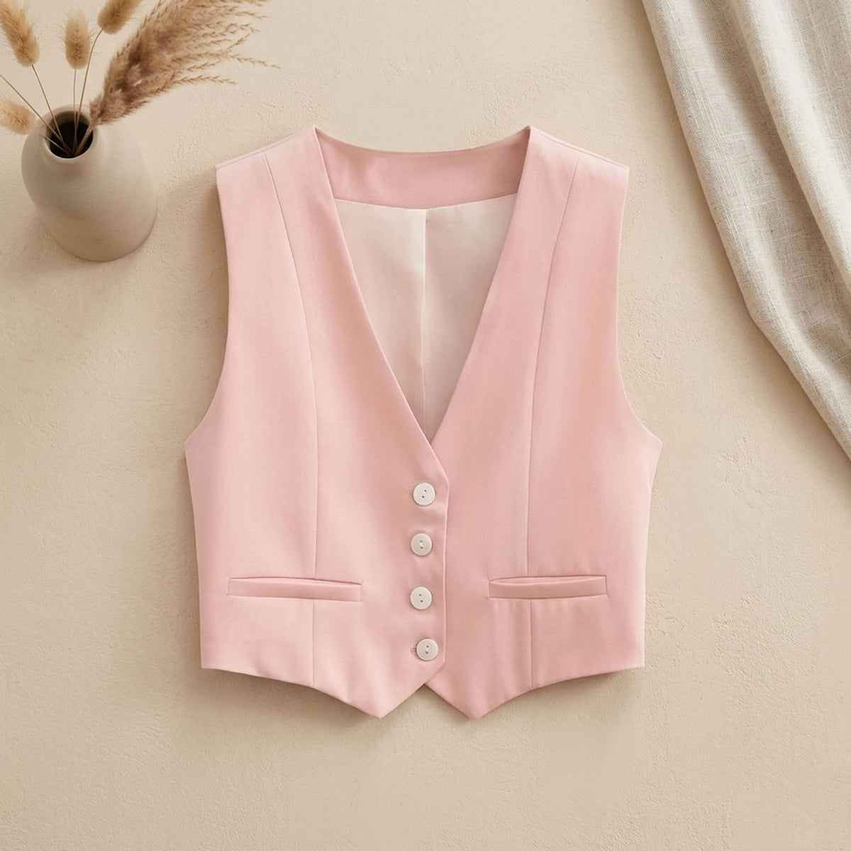 Women's Tailored Button-Front Sleeveless Waistcoat Vest - Pink