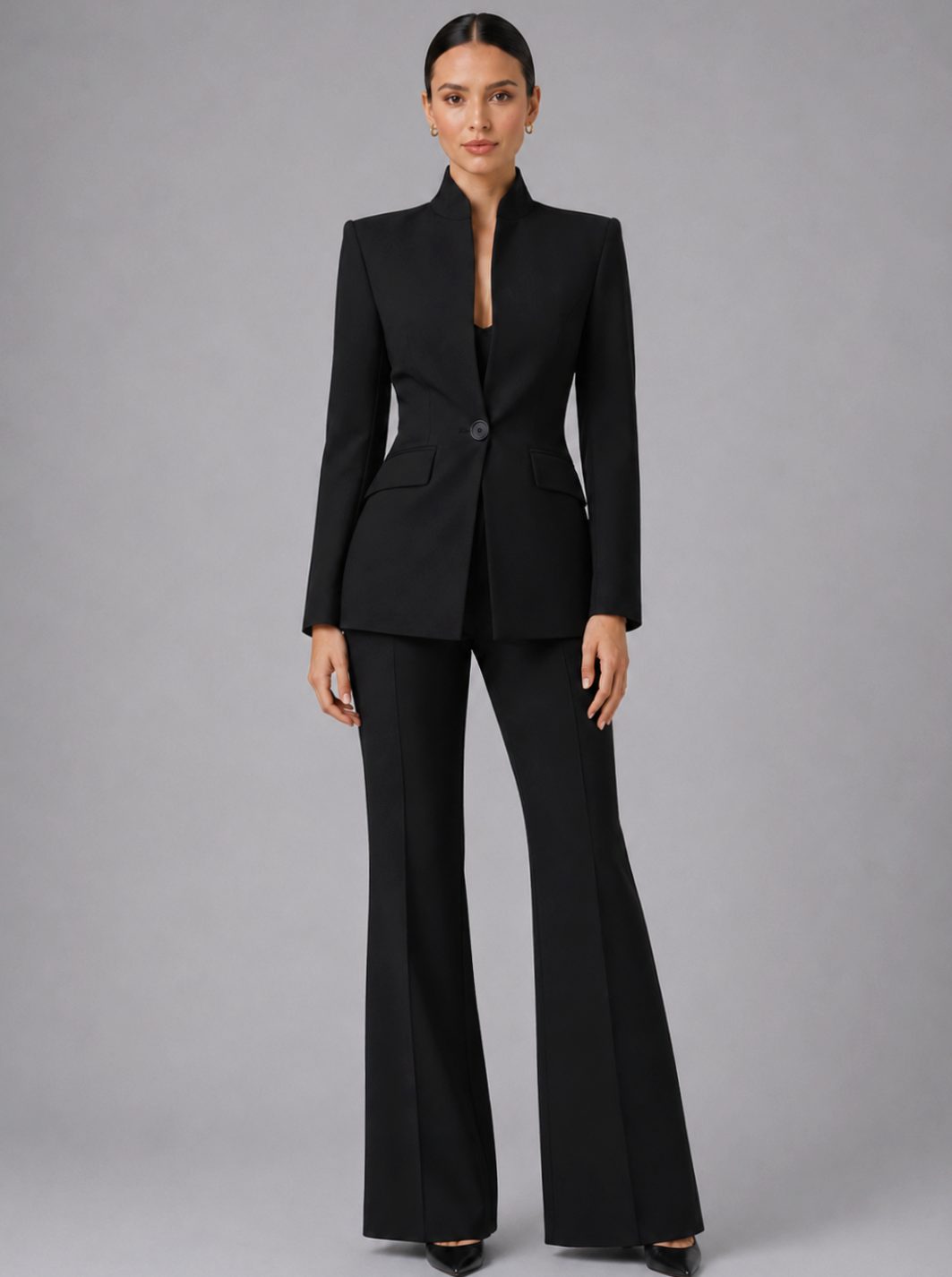 Women's Tailored Collarless Blazer Wide-Leg Trouser Suit Set - Black