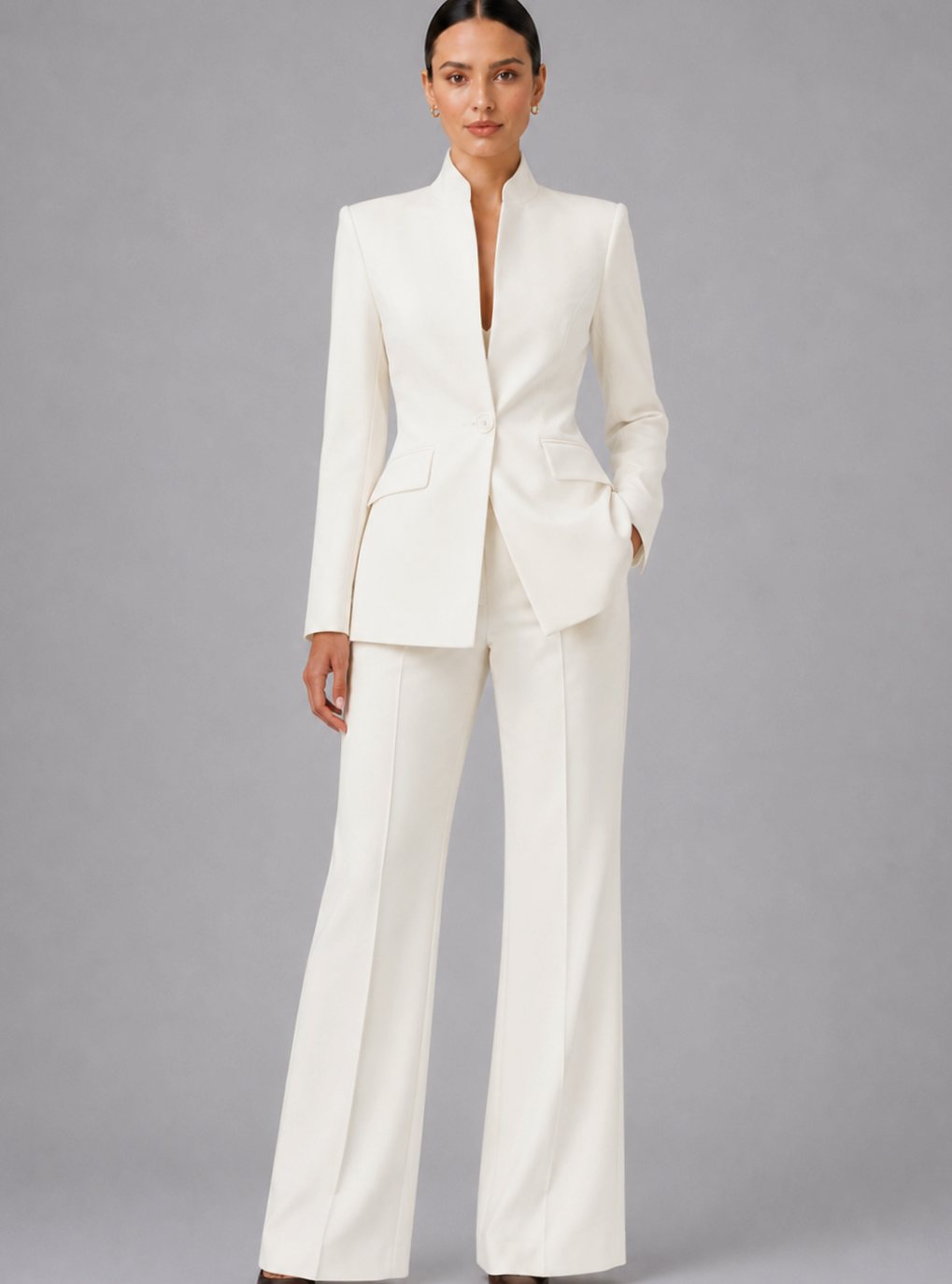 Women's Tailored Collarless Blazer Wide-Leg Trouser Suit Set - Cream