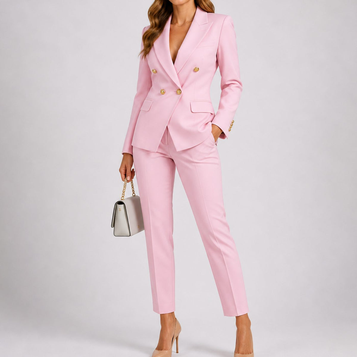 Women's Tailored Double-Breasted Blazer Trouser Co-Ord Suit Set - Pink