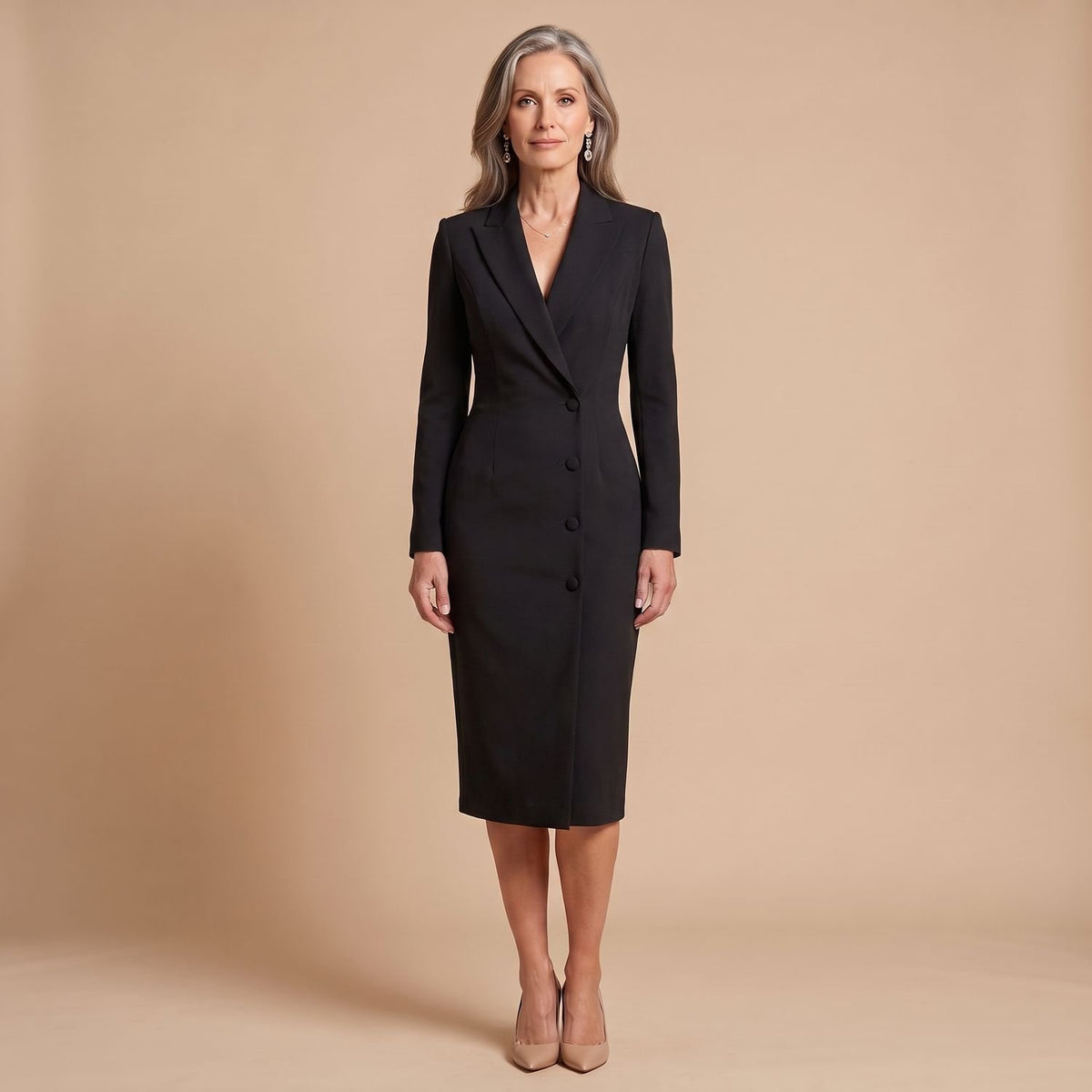 Women's Tailored Lapel-Collar Button-Front Midi Sheath Dress - Black