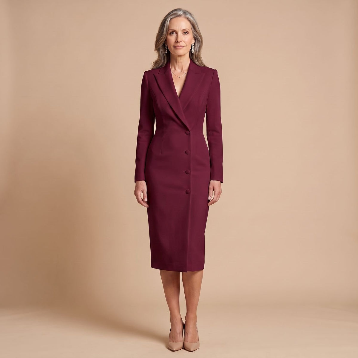 Women's Tailored Lapel-Collar Button-Front Midi Sheath Dress - Red