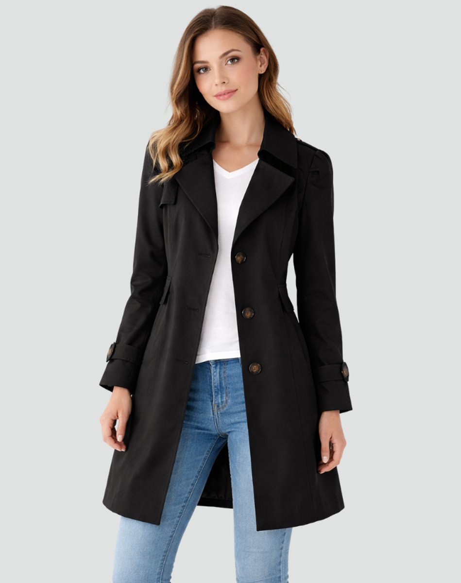 Women's Tailored Mid-Length Classic Lapel Trench Coat - Black