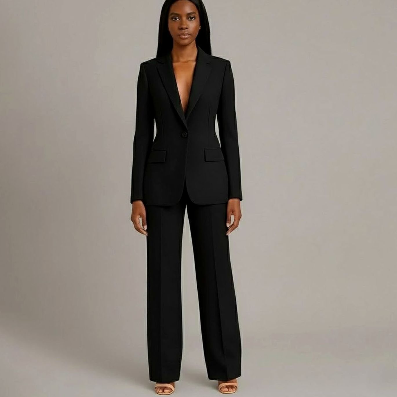 Women's Tailored Single-Button Blazer Trouser Suit Set - Black