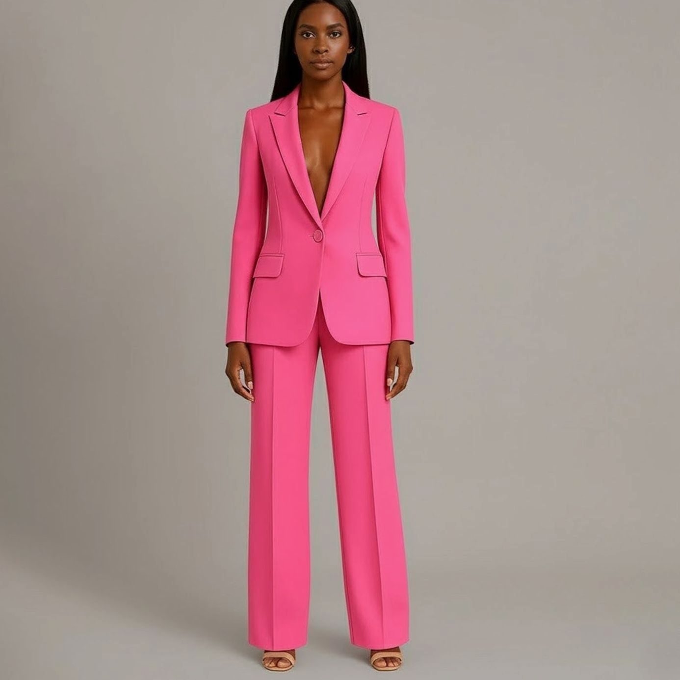 Women's Tailored Single-Button Blazer Trouser Suit Set - Pink