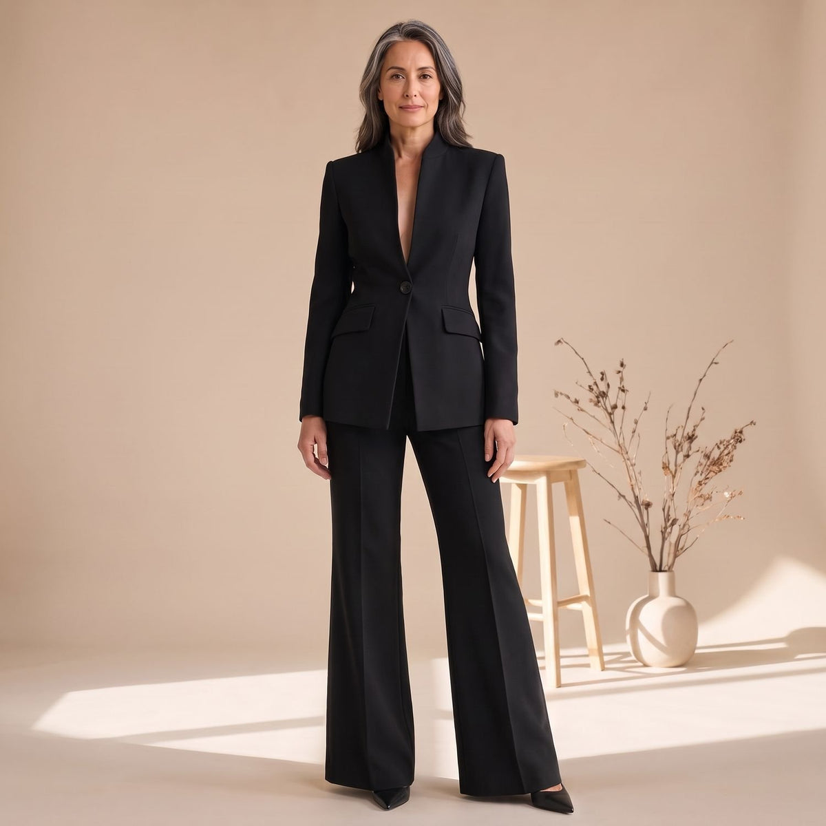 Women's Tailored Single-Button Blazer Wide-Leg Trouser Suit - Black