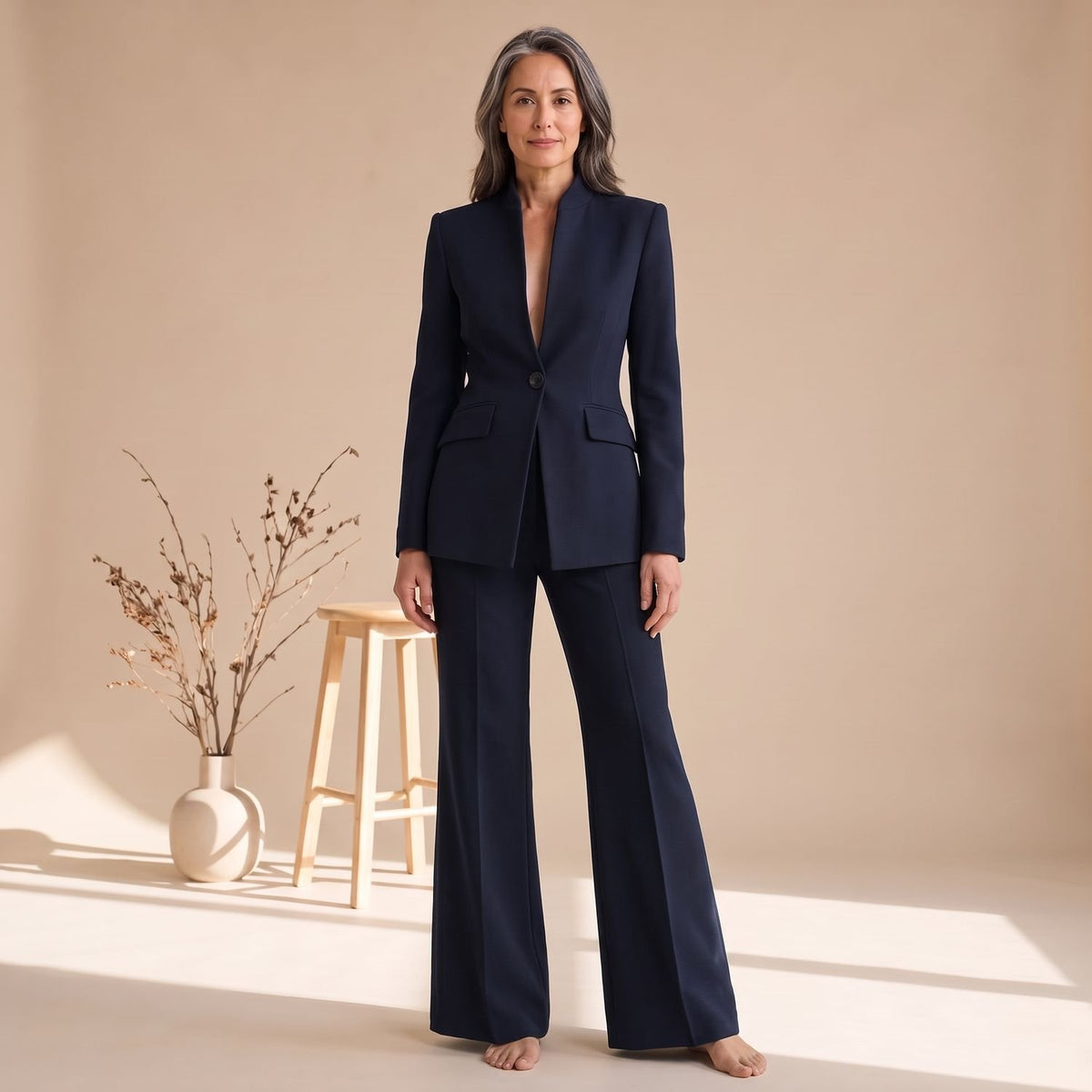 Women's Tailored Single-Button Blazer Wide-Leg Trouser Suit - Navy Blue