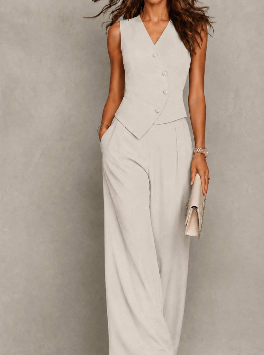 Women's Tailored Sleeveless Waistcoat Wide-Leg Trouser Co-ord Set - Cream