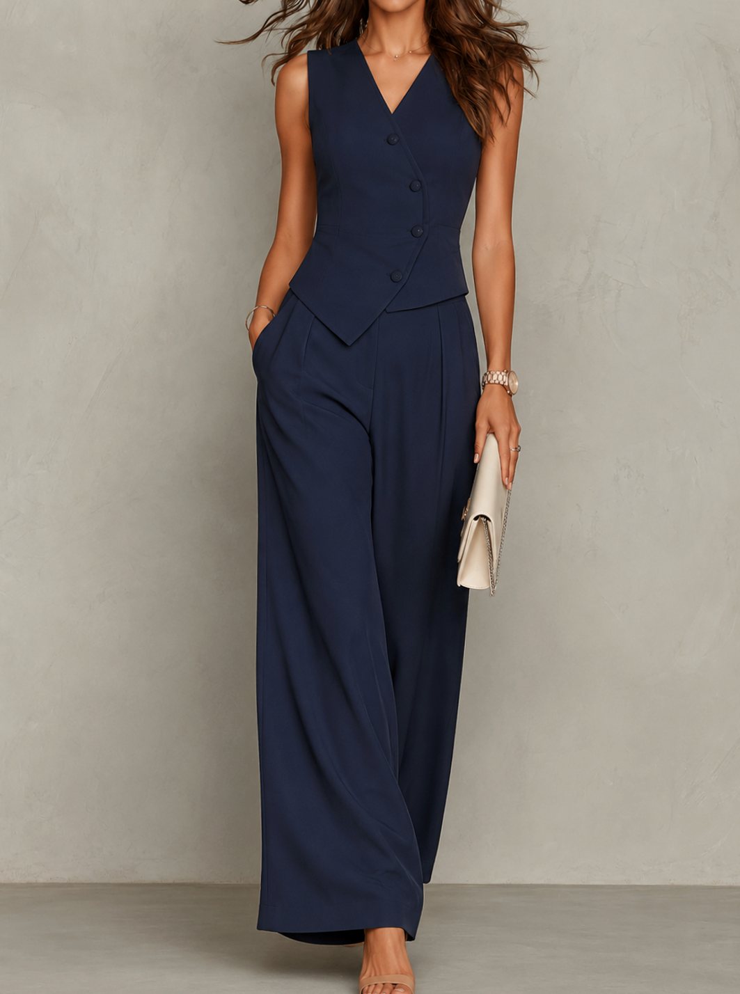 Women's Tailored Sleeveless Waistcoat Wide-Leg Trouser Co-ord Set - Navy Blue