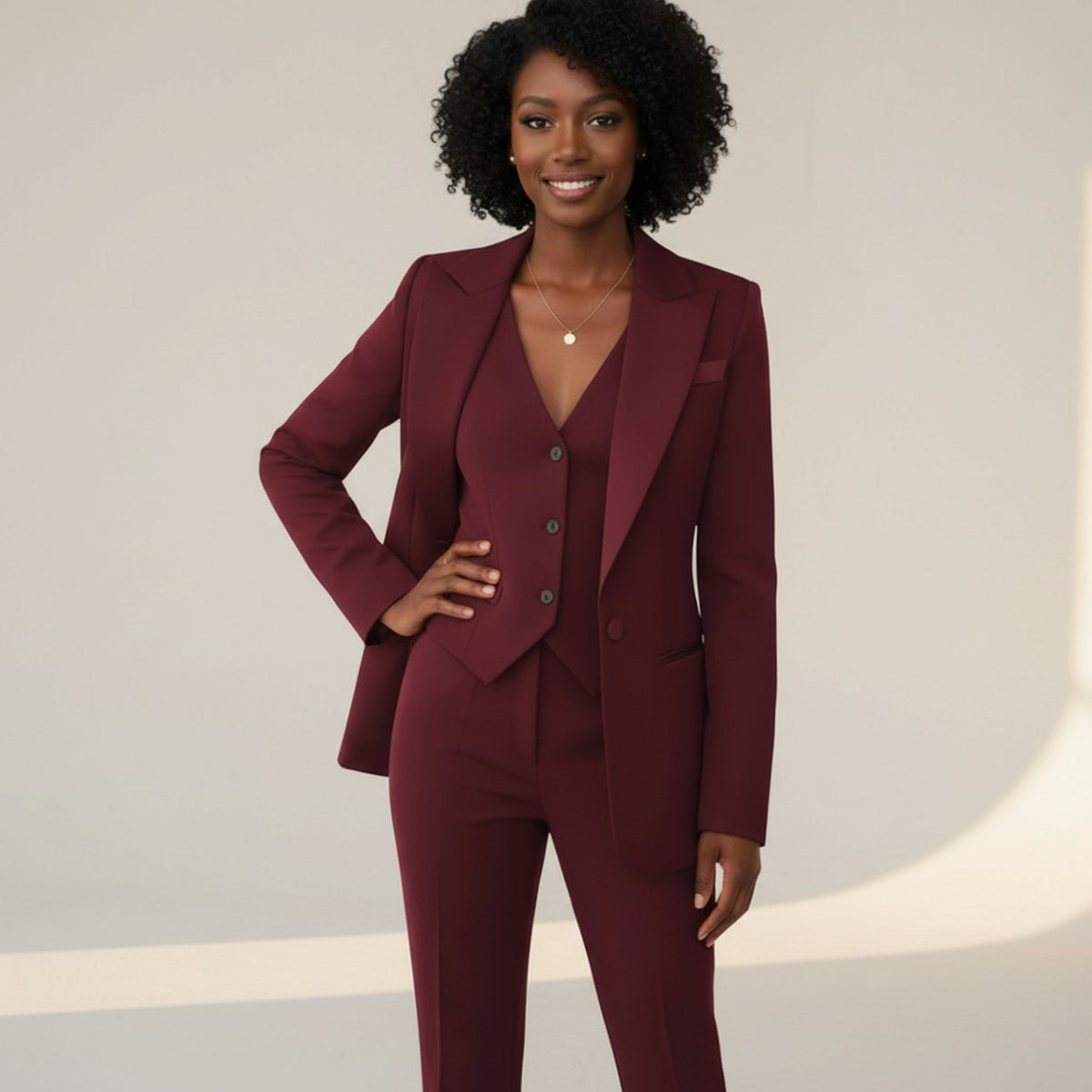 Women's Tailored Three Piece Suit Satin-Lapel Blazer Waistcoat Trousers - Wine Red