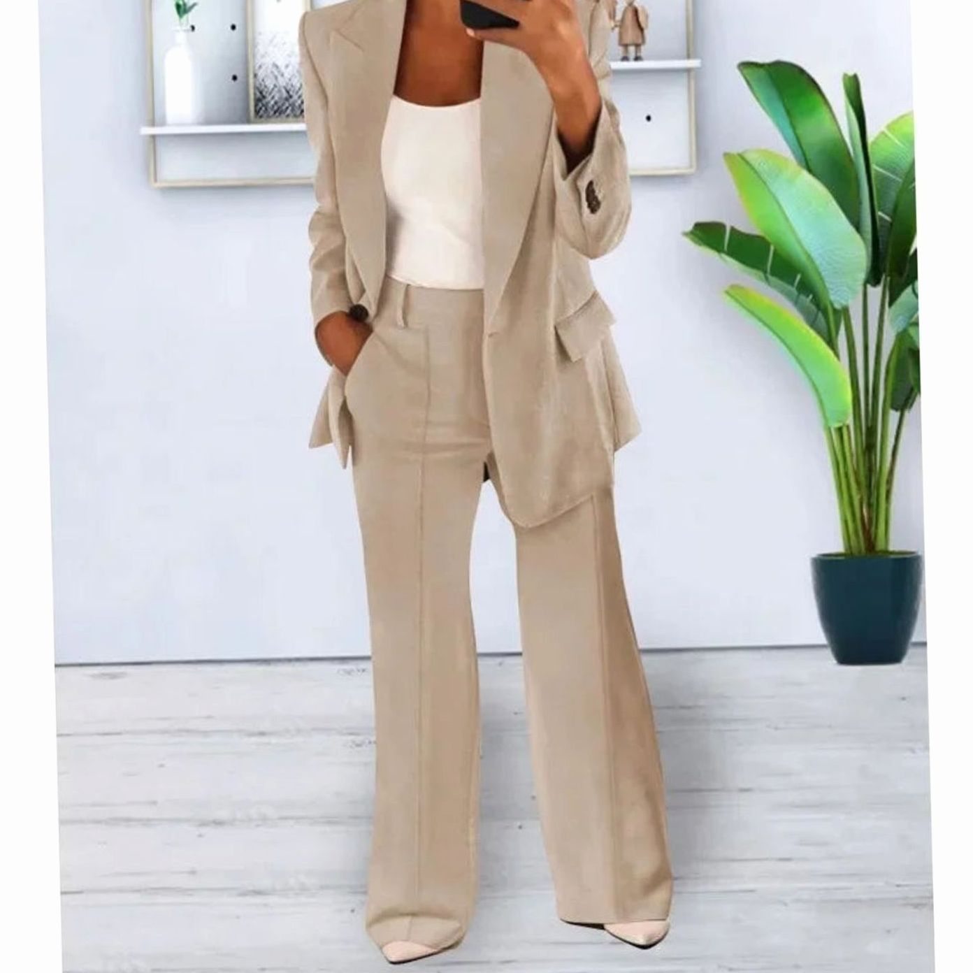 Women's Tailored Two-Piece Suit Set Long Blazer Wide-Leg Trousers - Apricot