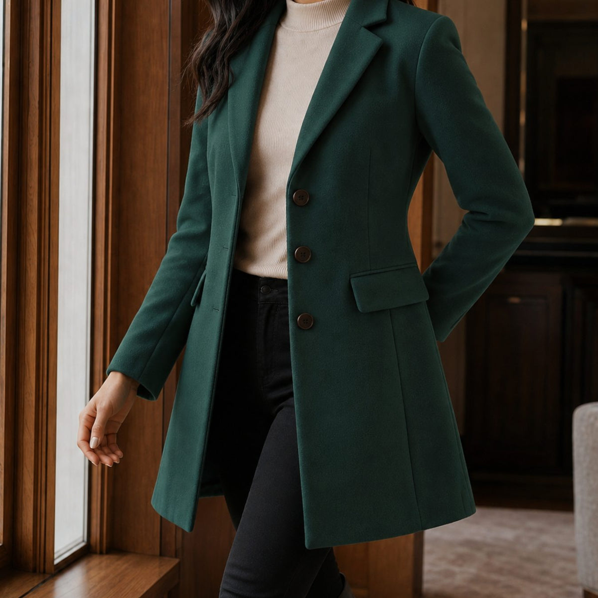 Women's Tailored Wool-Blend Button-Front Coat - Green