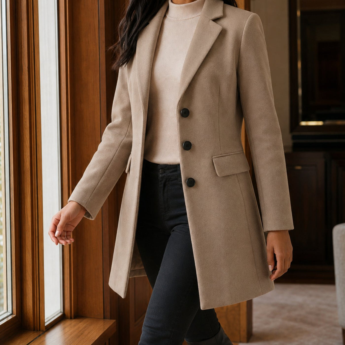 Women's Tailored Wool-Blend Button-Front Coat - Dark Beige