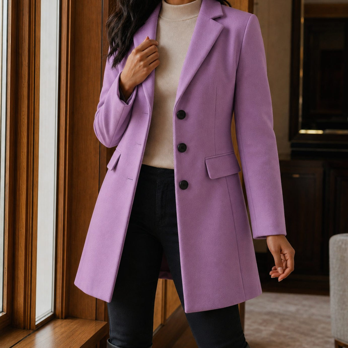 Women's Tailored Wool-Blend Button-Front Coat - Light Purple