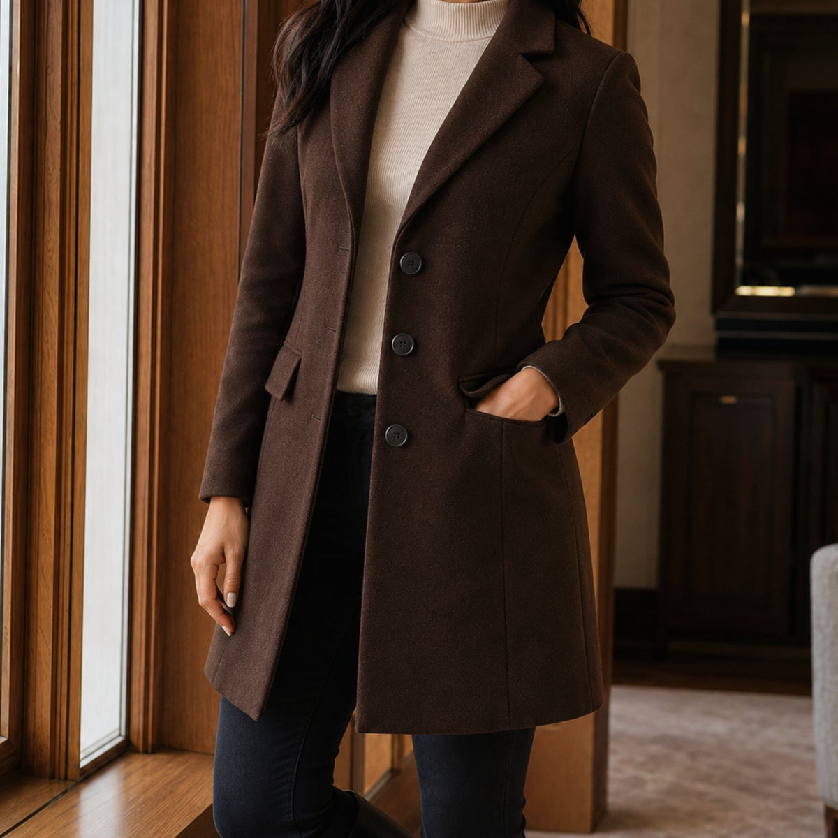 Women's Tailored Wool-Blend Button-Front Coat - Dark Brown