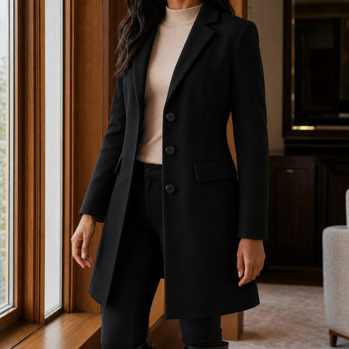 Women's Tailored Wool-Blend Button-Front Coat - Black