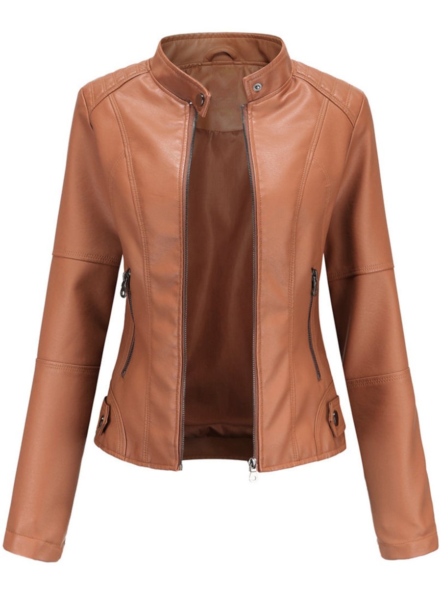 Women's Tailored Zip-Up Faux Leather Biker Jacket - Brown