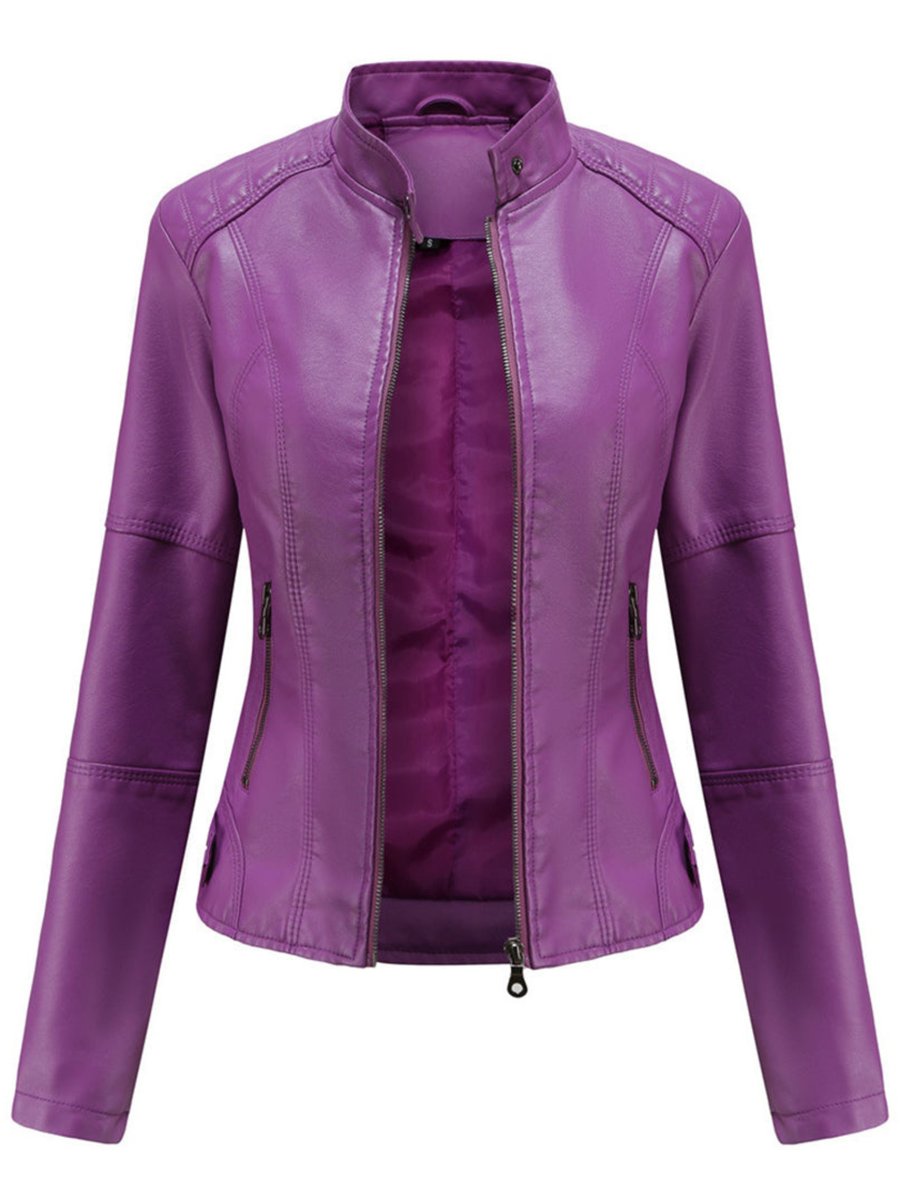 Women's Tailored Zip-Up Faux Leather Biker Jacket - Lilac