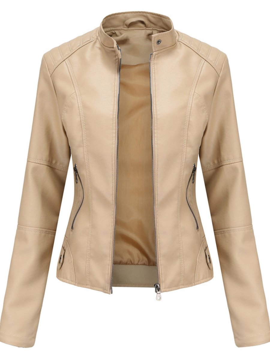 Women's Tailored Zip-Up Faux Leather Biker Jacket - Beige