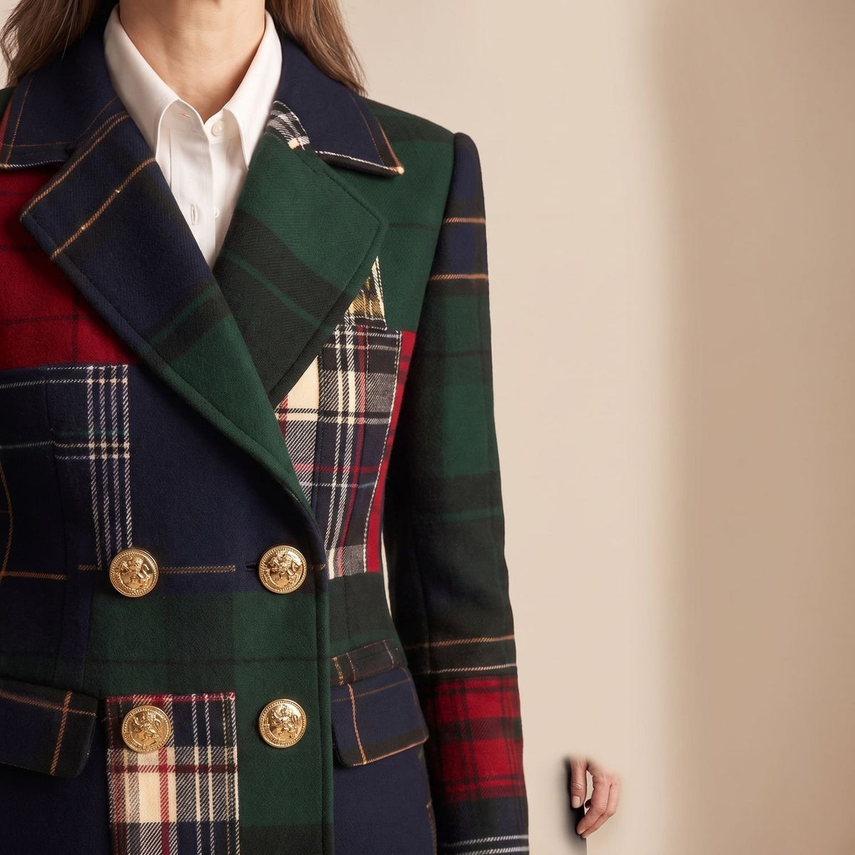 Women's Tartan Double-Breasted Structured Wool Blazer Jacket