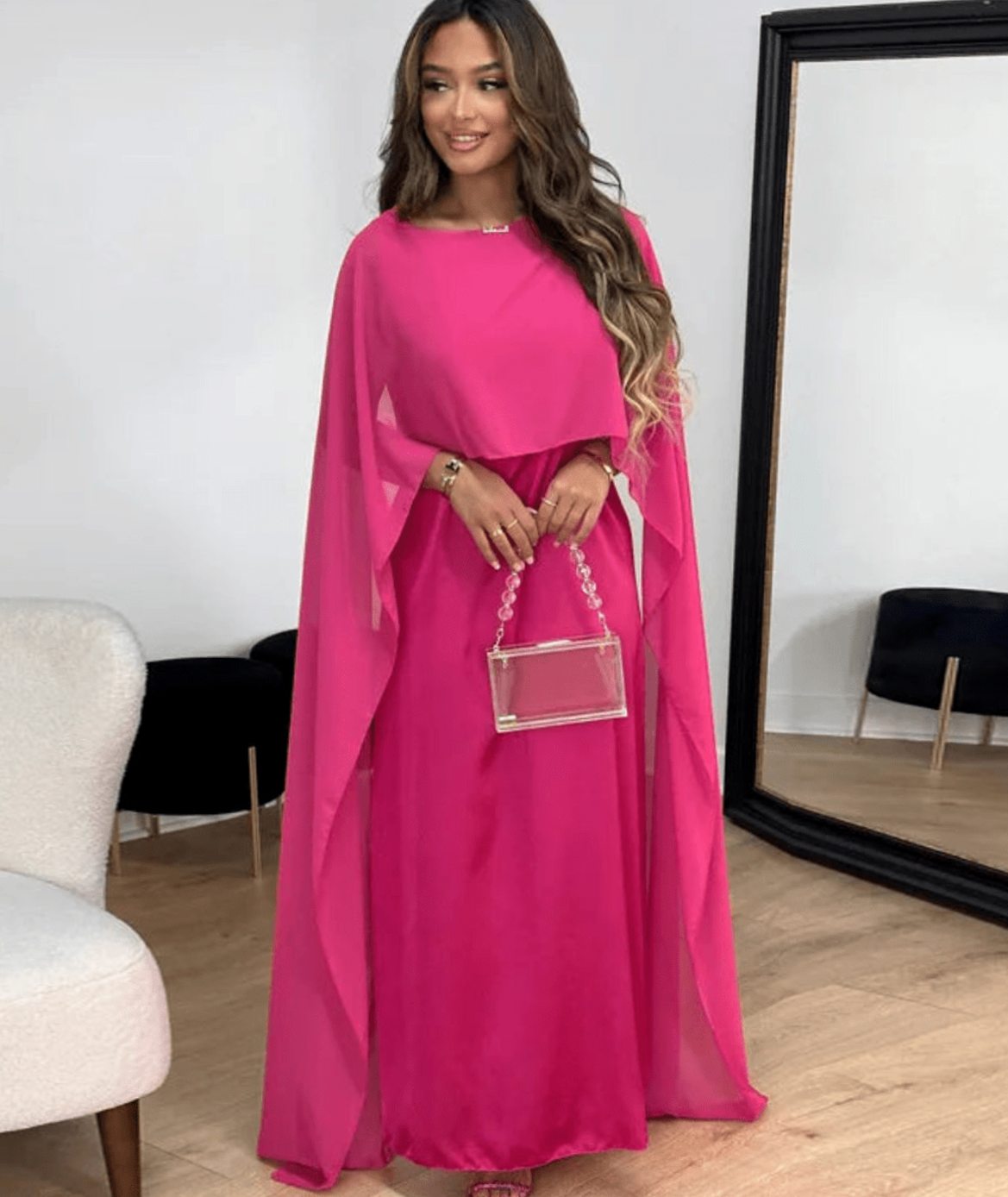 Women's Tayma Draped Cape-Sleeve Satin Maxi Party Dress - Pink