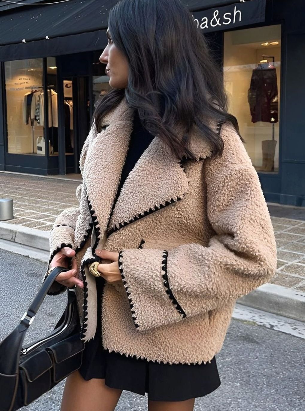 Women's Teddy Faux Fur Bomber Jacket Contrast Stitch