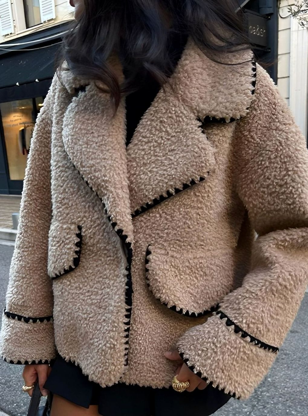 Women's Teddy Faux Fur Bomber Jacket Contrast Stitch