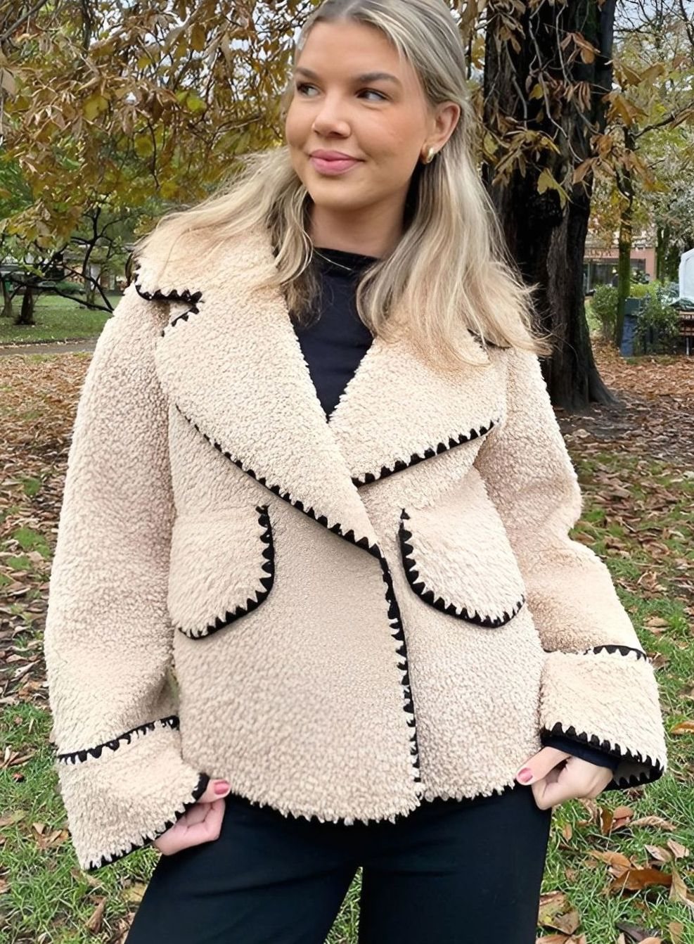 Women's Teddy Faux Fur Bomber Jacket Contrast Stitch