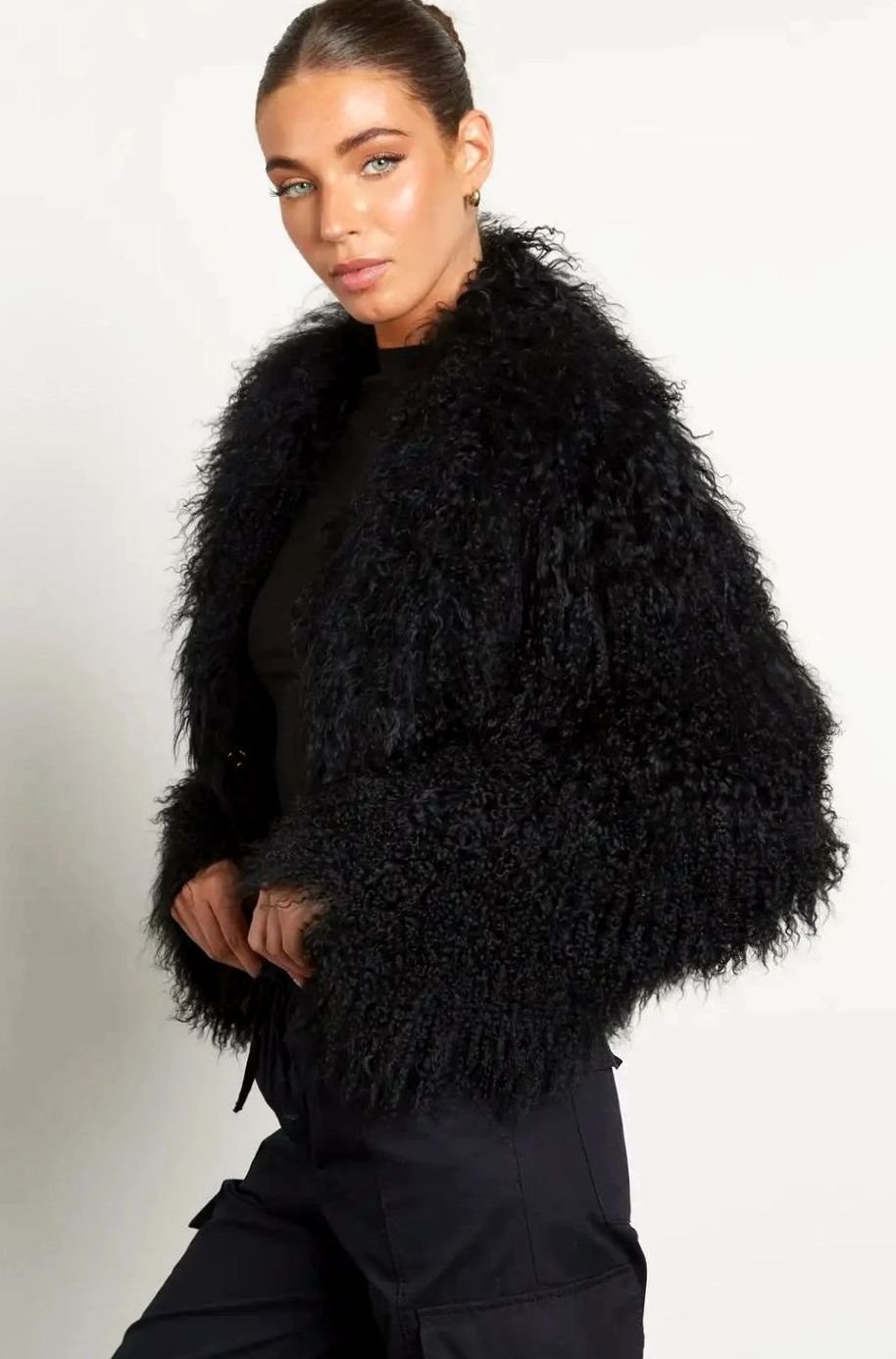 Women's Teddy-Style Faux Fur Long-Sleeve Cropped Coat