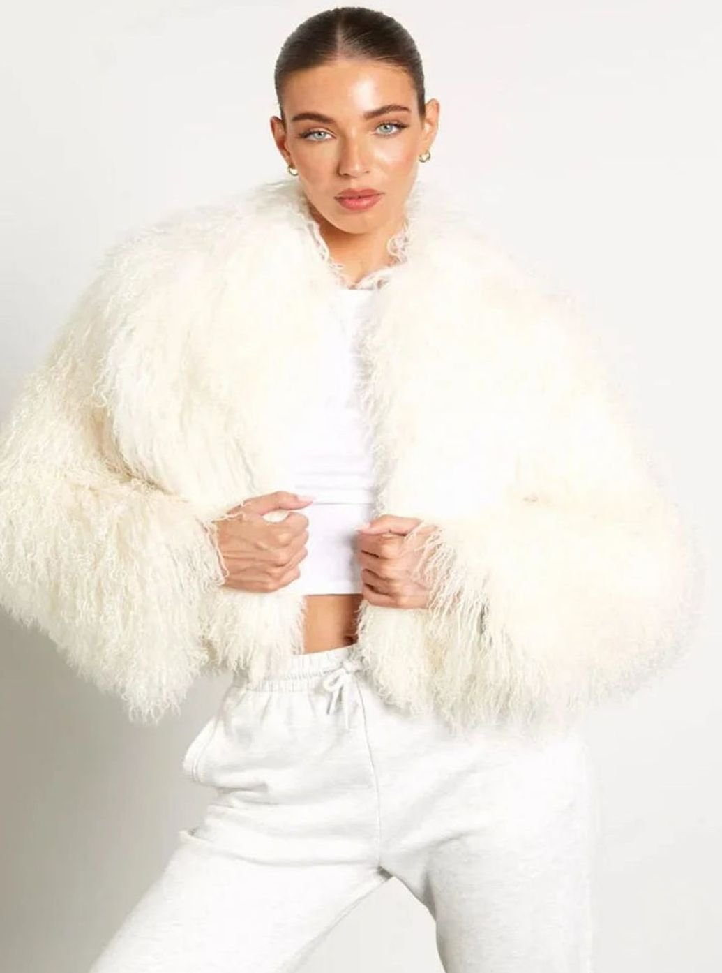 Women's Teddy-Style Faux Fur Long-Sleeve Cropped Coat - White
