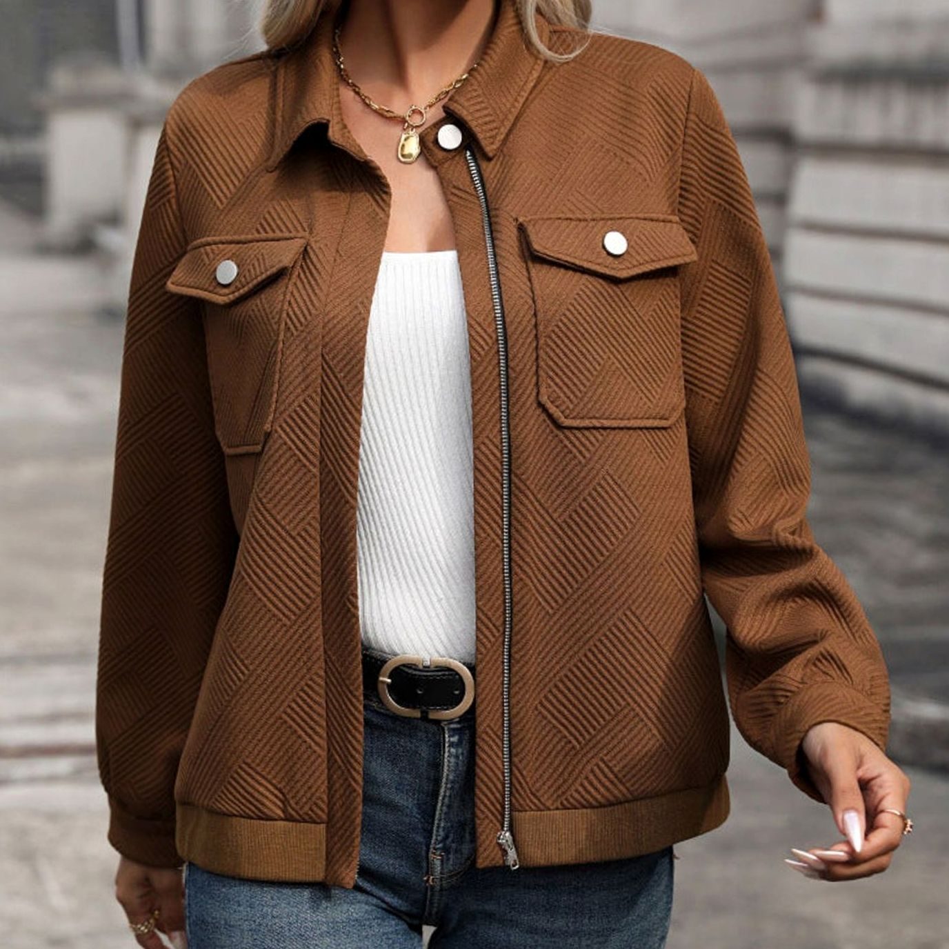 Women's Textured Geometric Zip-Up Chest-Pocket Jacket