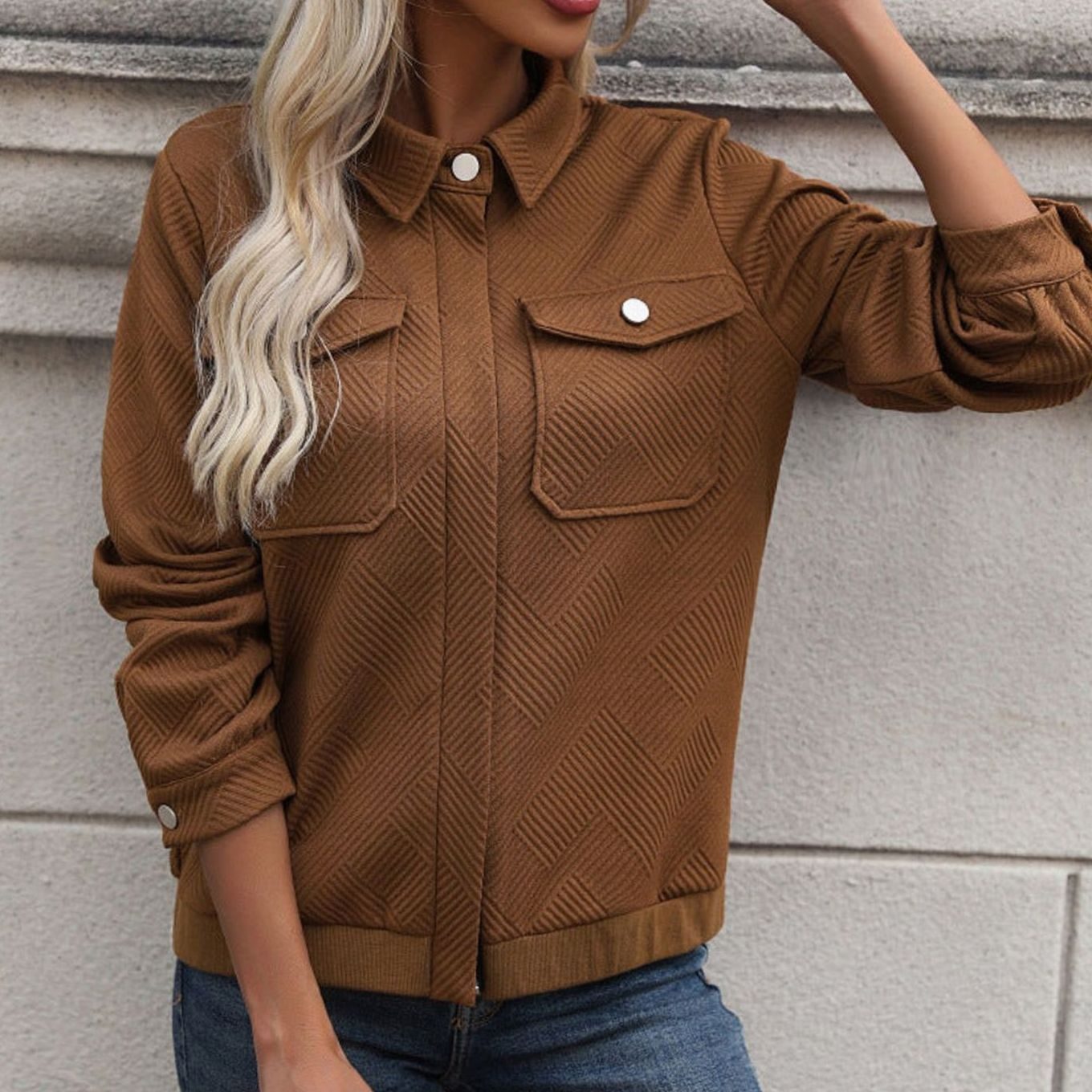 Women's Textured Geometric Zip-Up Chest-Pocket Jacket