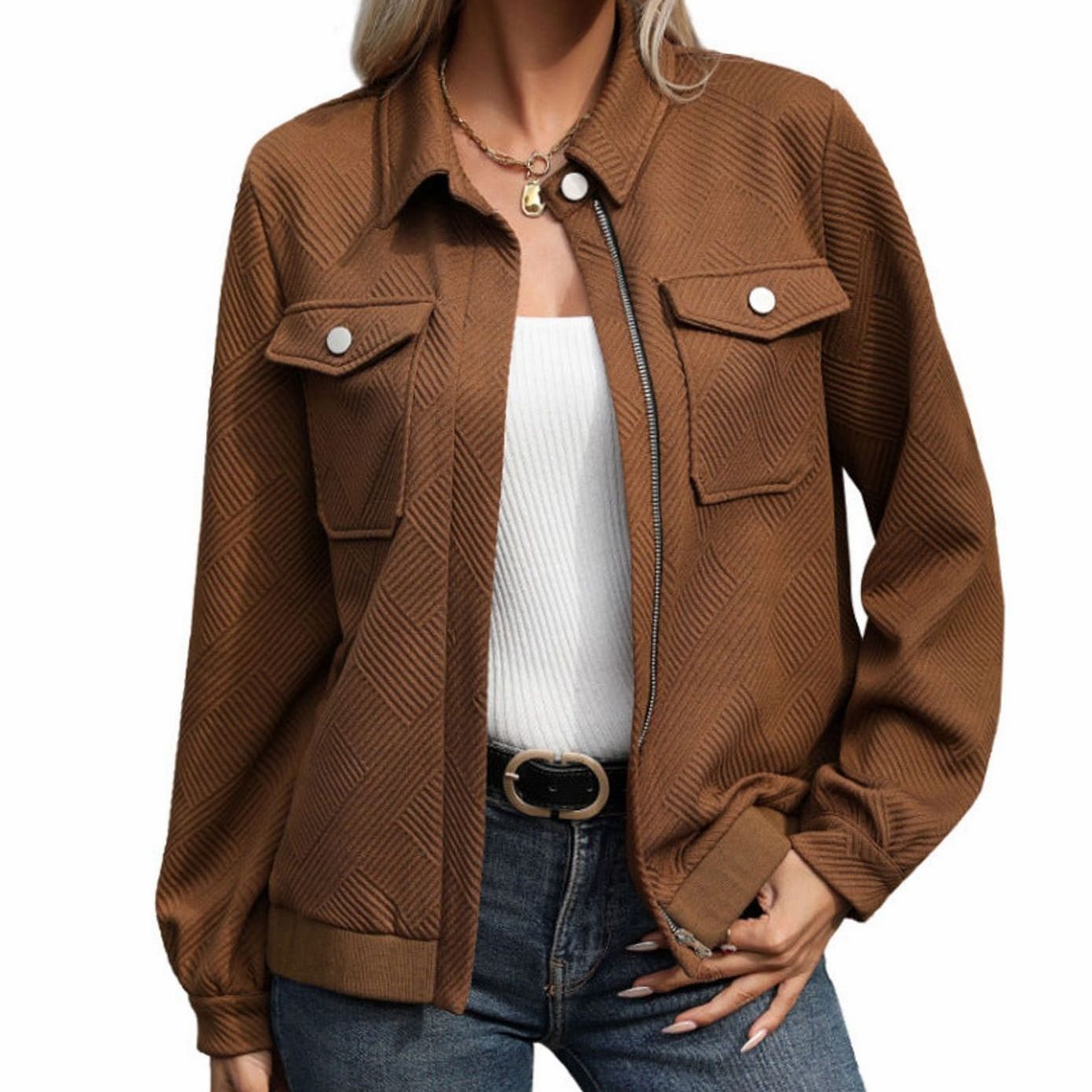 Women's Textured Geometric Zip-Up Chest-Pocket Jacket
