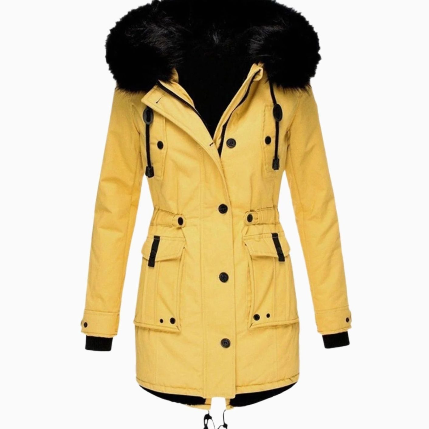 Women's Thick Faux Fur Hooded Drawstring Parka Coat - Yellow