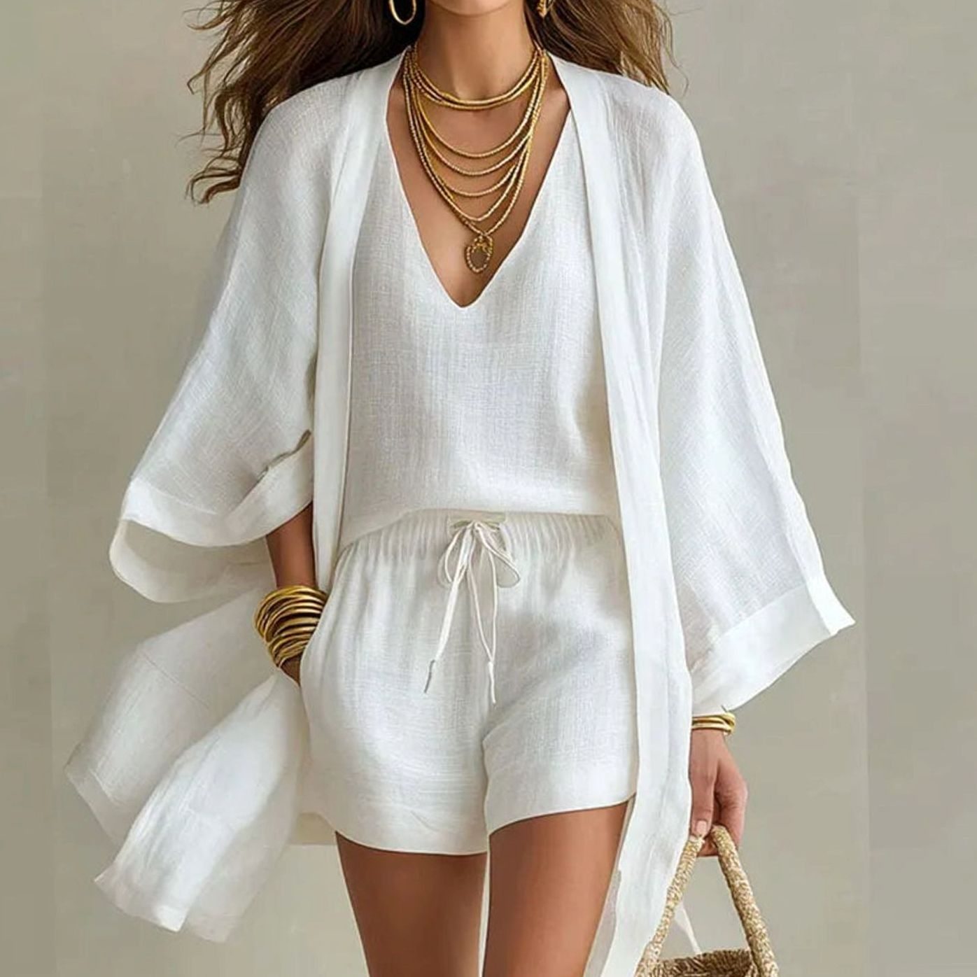 Women's Three-Piece Linen Kimono Loungewear Set - White