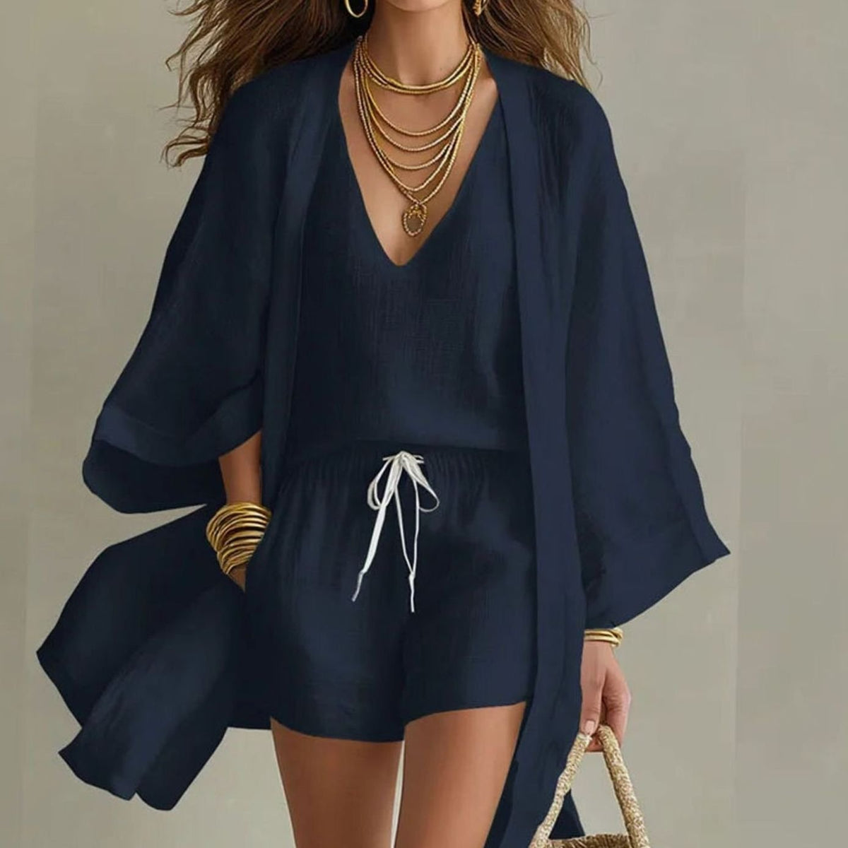 Women's Three-Piece Linen Kimono Loungewear Set - Navy Blue