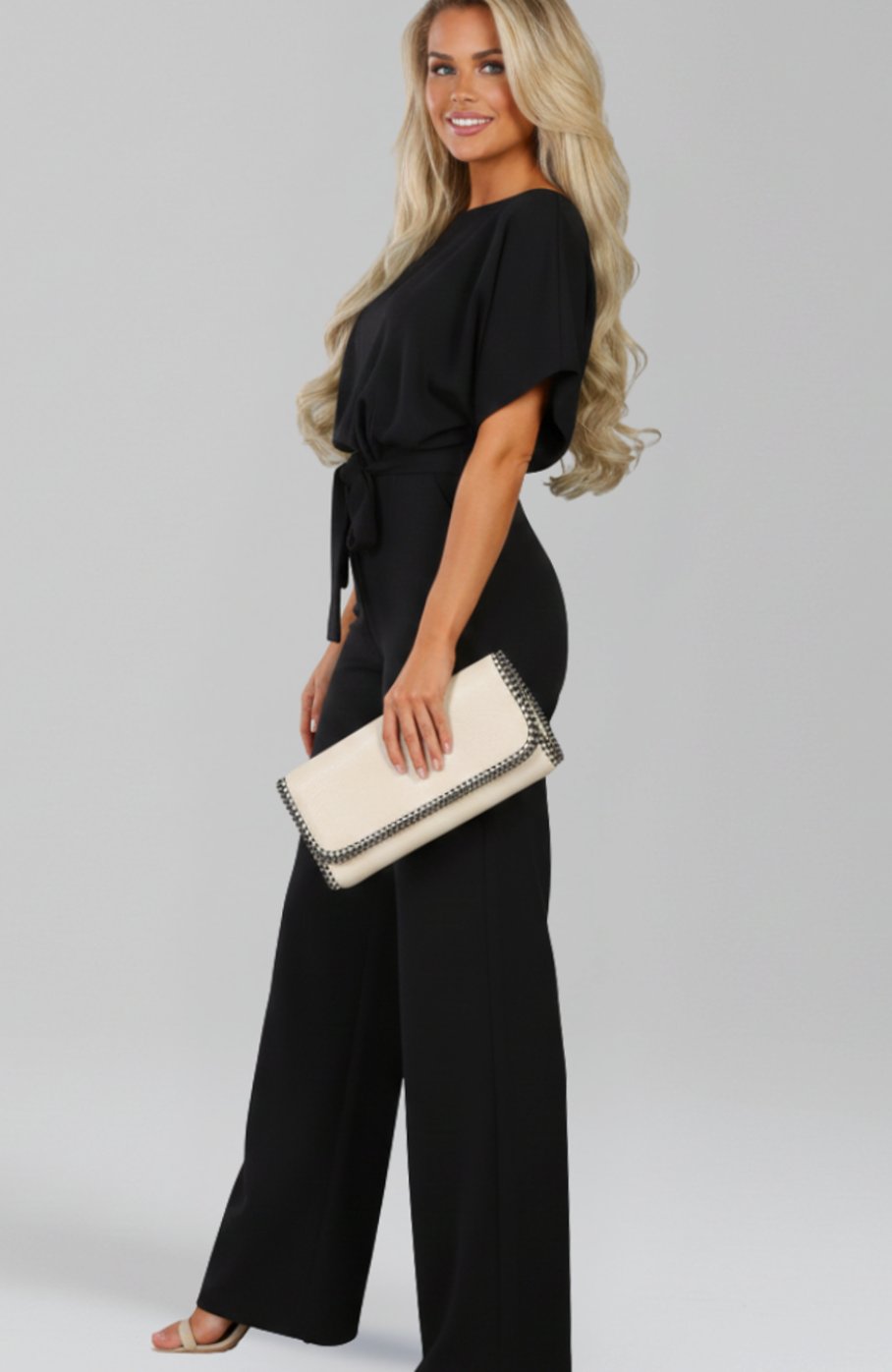 Women's Tie-Belt Wide-Leg Short-Sleeve Jumpsuit, Black