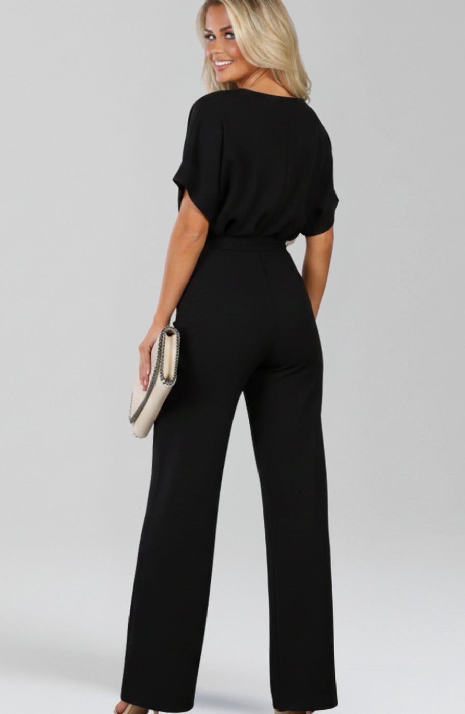 Women's Tie-Belt Wide-Leg Short-Sleeve Jumpsuit, Black