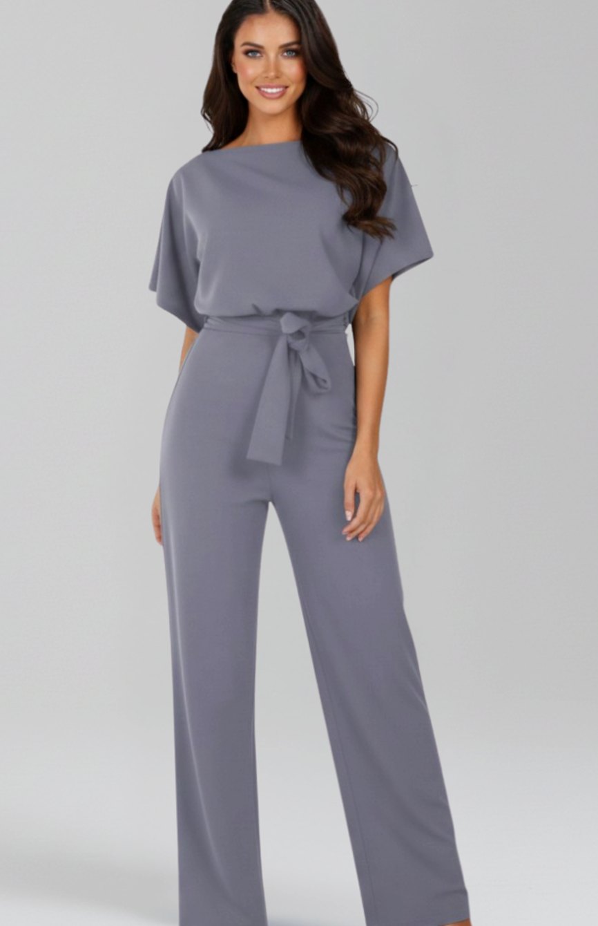 Women's Tie-Belt Wide-Leg Short-Sleeve Jumpsuit, Black - Grey