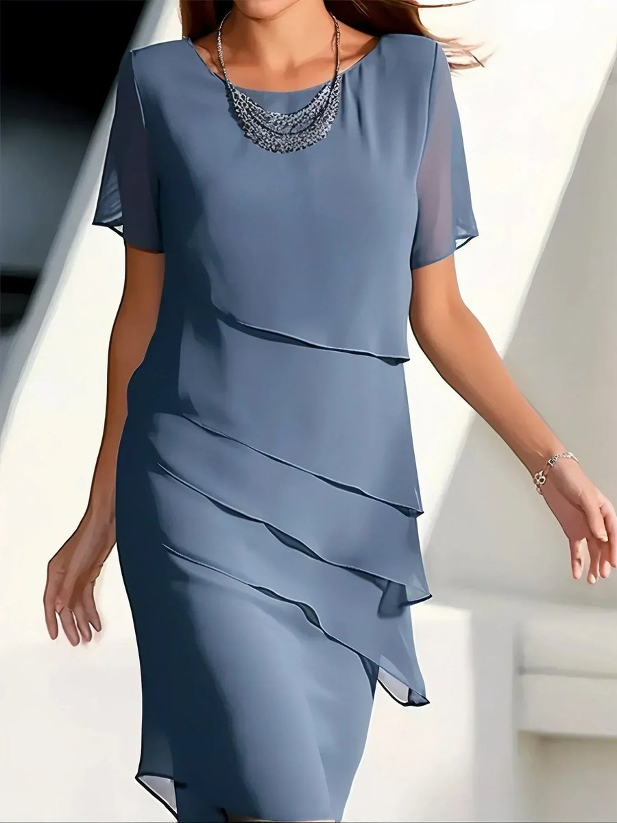 Women's Tiered Chiffon Short-Sleeve Cocktail Dress - Blue