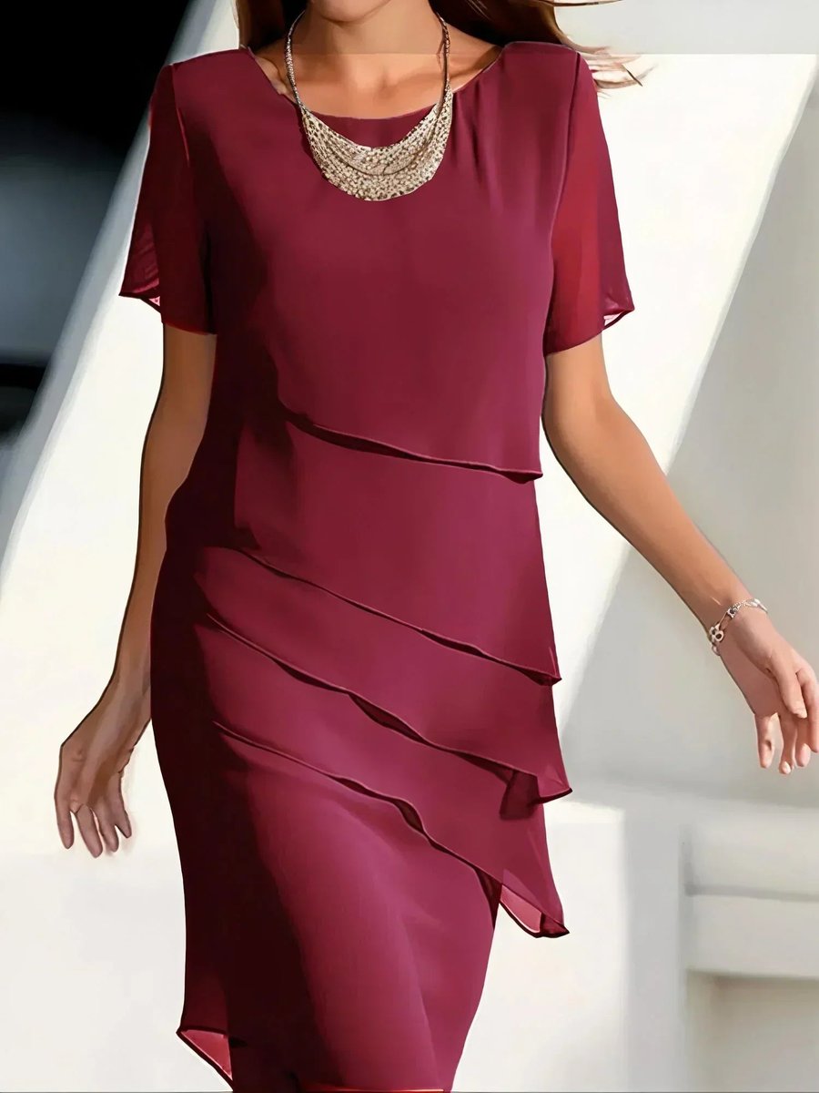 Women's Tiered Chiffon Short-Sleeve Cocktail Dress - Red