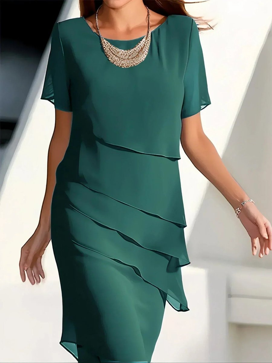 Women's Tiered Chiffon Short-Sleeve Cocktail Dress - Green