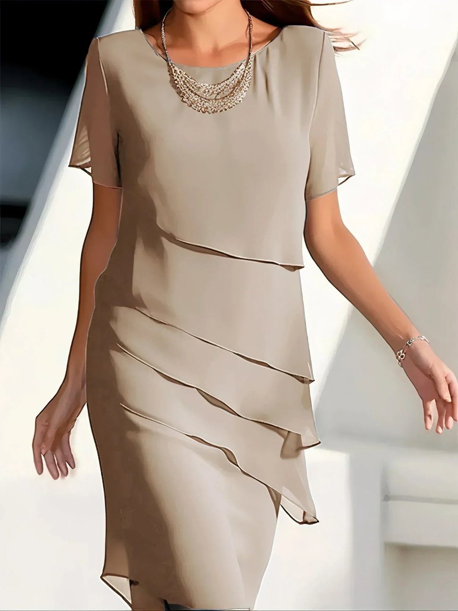Women's Tiered Chiffon Short-Sleeve Cocktail Dress - Beige