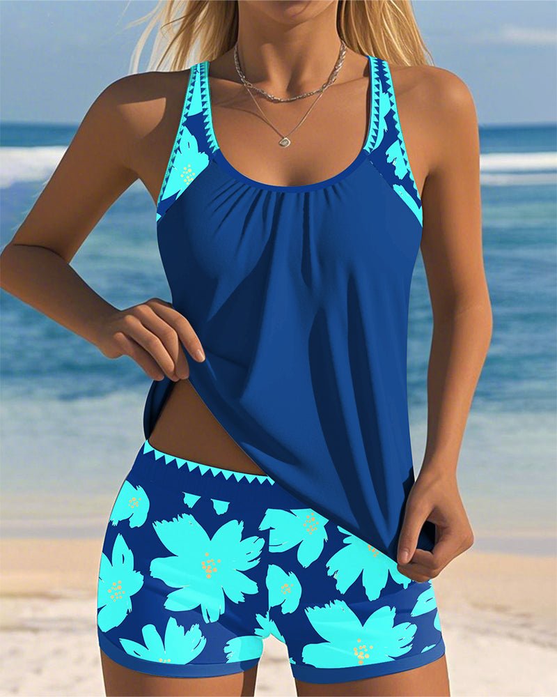 Women's Tummy-Control Floral Racerback Tankini Swimsuit Set - Blue