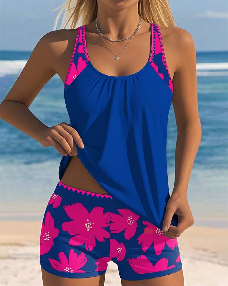 Women's Tummy-Control Floral Racerback Tankini Swimsuit Set