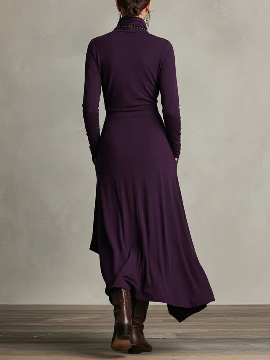 Women's Turtleneck Asymmetric Layered Maxi Long Sleeve Dress
