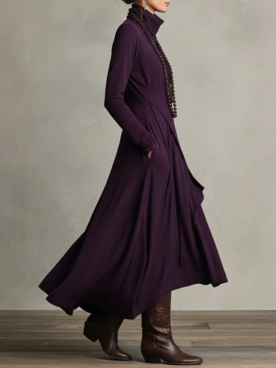 Women's Turtleneck Asymmetric Layered Maxi Long Sleeve Dress